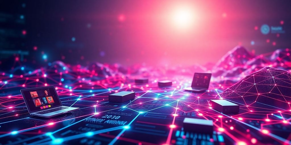 Futuristic digital landscape with interconnected devices.