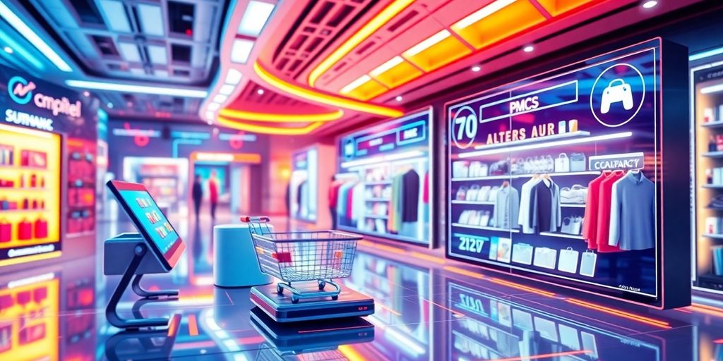 Futuristic e-commerce scene with advanced technology and vibrant colors.