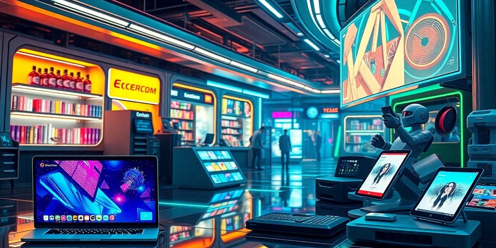Futuristic e-commerce technology with sleek devices and vibrant colors.