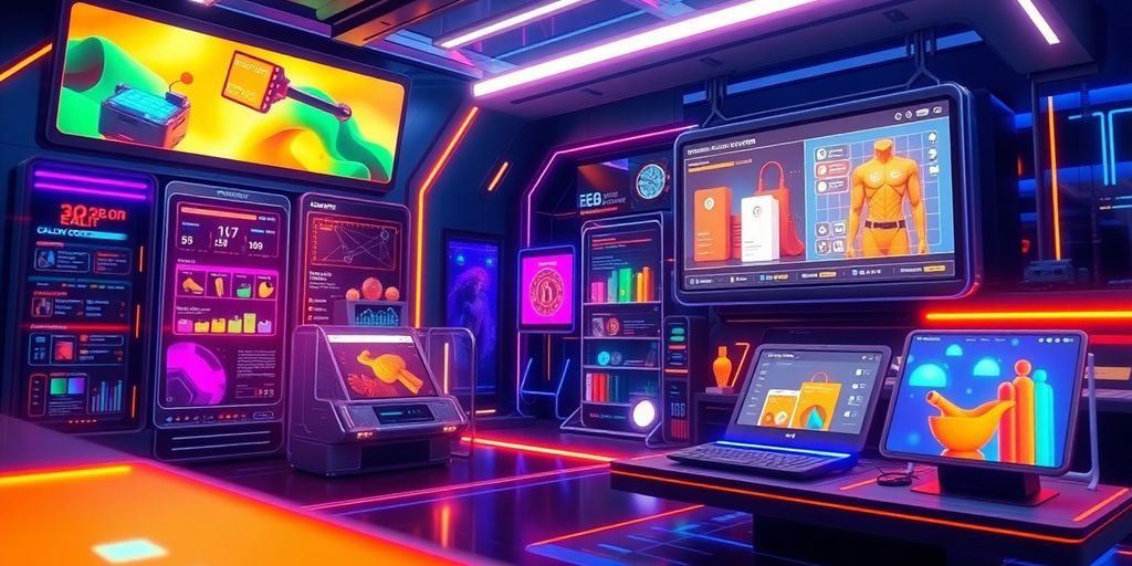 Futuristic e-commerce technology with vibrant colors.