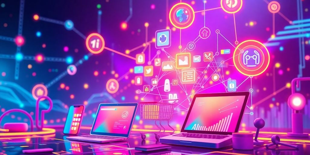 Futuristic e-commerce scene with digital devices and colors.