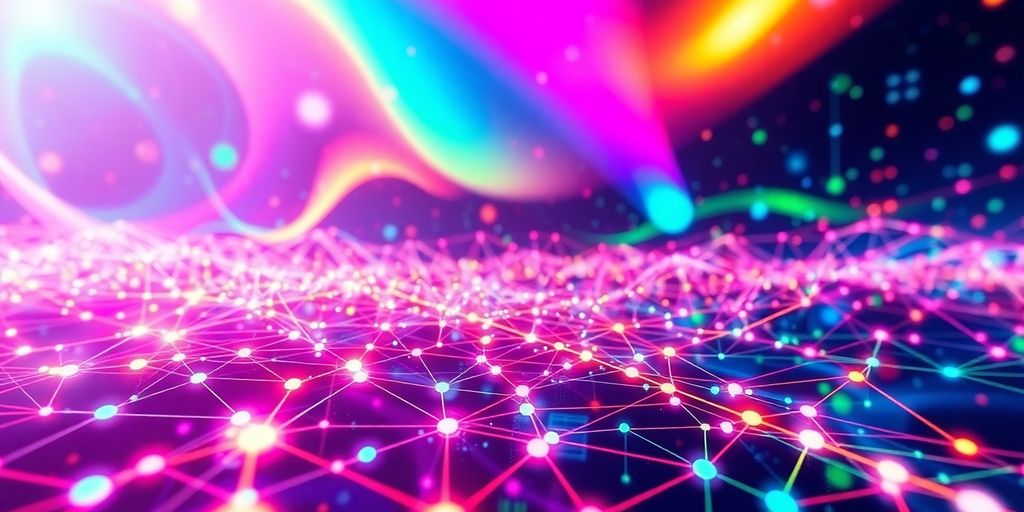 Futuristic digital landscape with vibrant colors and shapes.