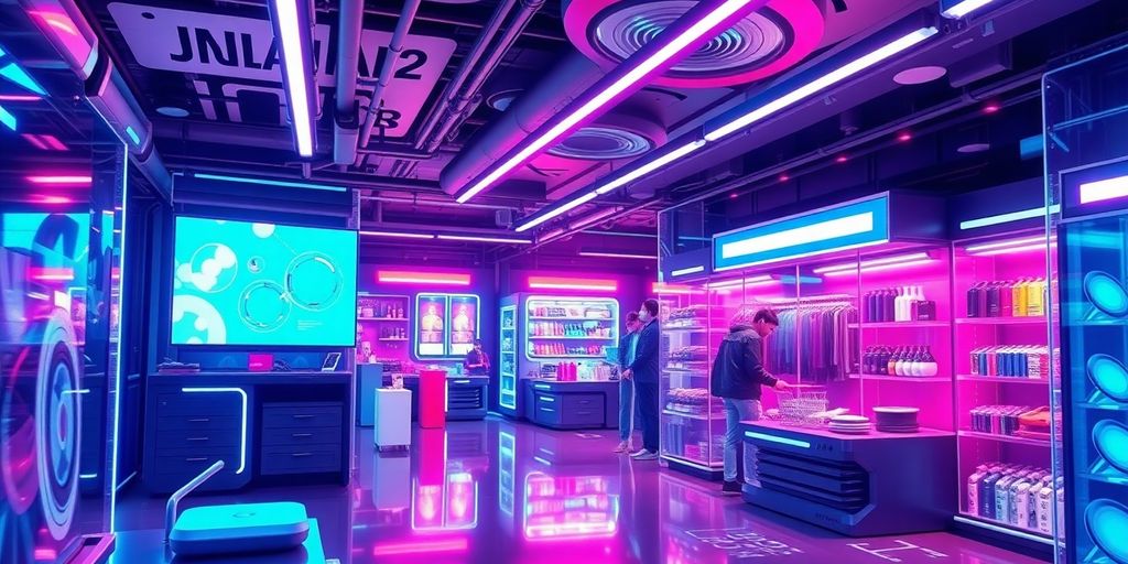Futuristic e-commerce scene with advanced technology and vibrant colors.
