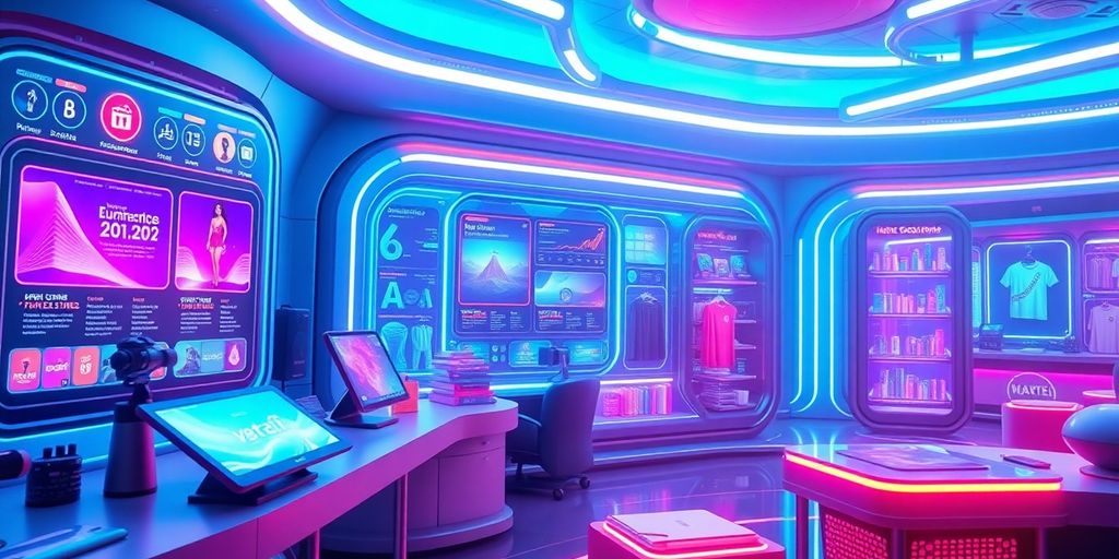 Futuristic e-commerce technology with vibrant colors and sleek design.