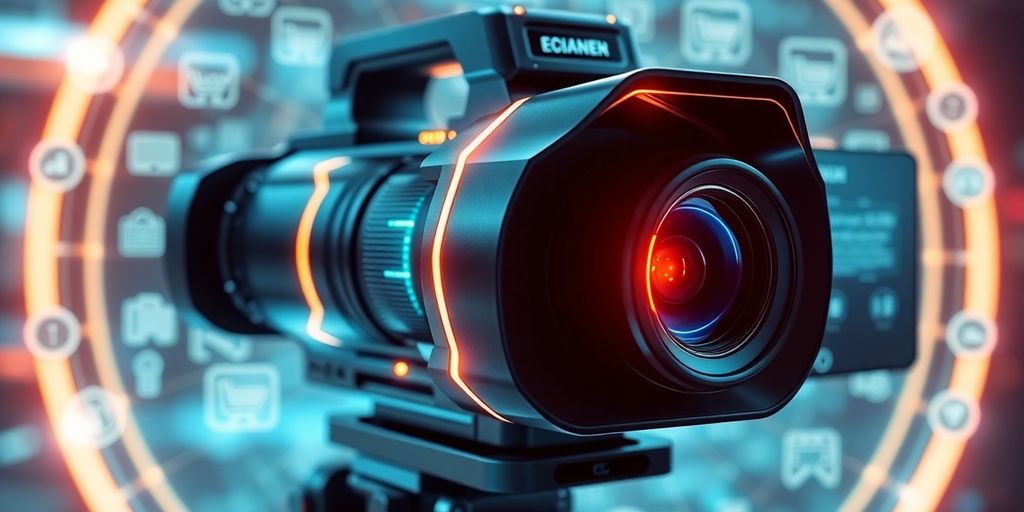 Futuristic video camera with digital e-commerce icons.