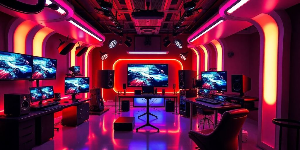 Futuristic workspace with advanced video editing equipment.