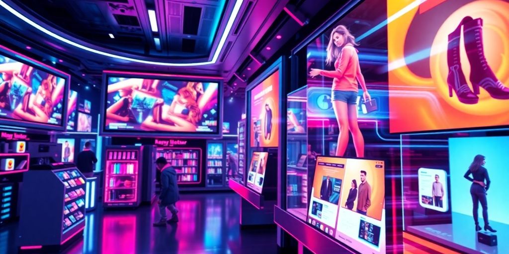 Futuristic e-commerce scene with advanced technology and video displays.