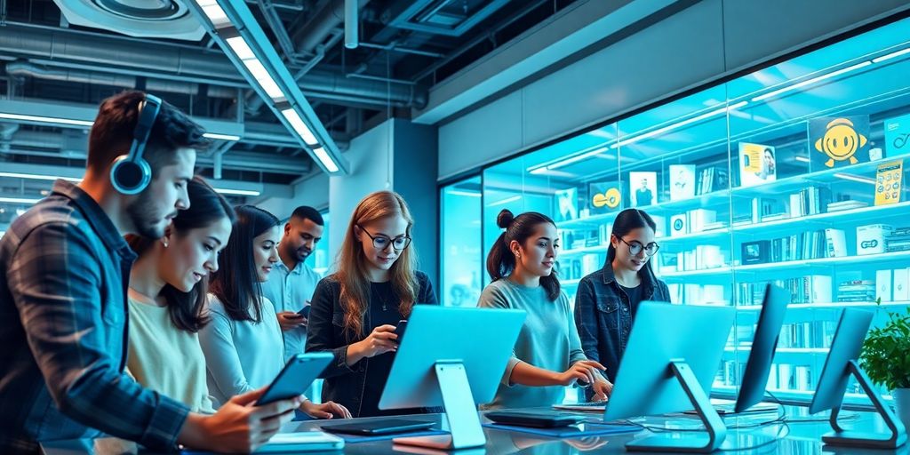 Futuristic ecommerce workspace with diverse individuals and technology.