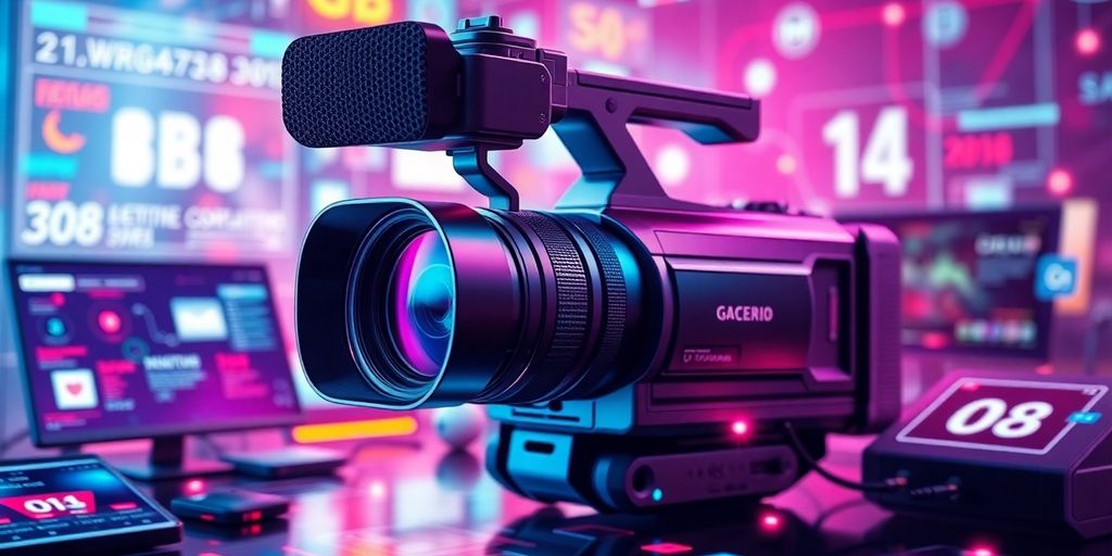 Futuristic video camera with digital elements and vibrant colors.