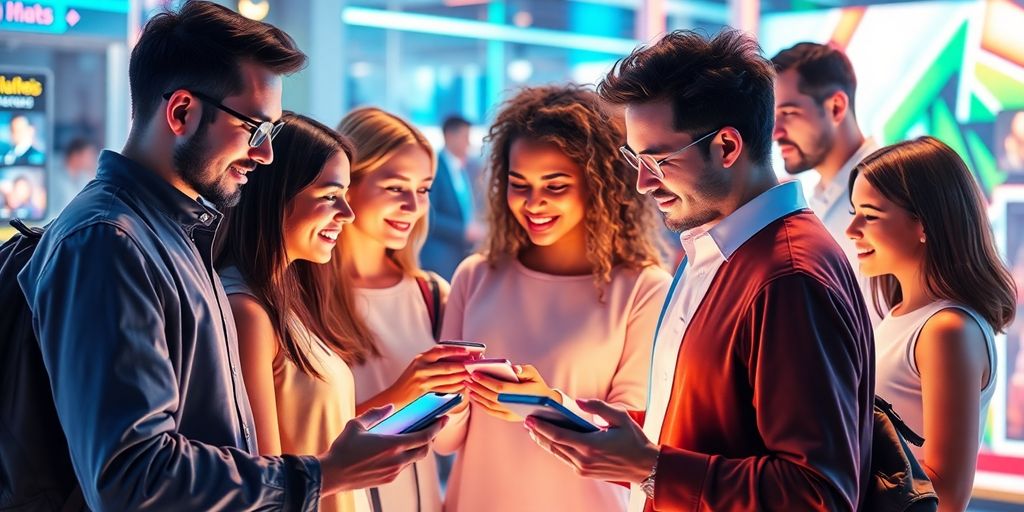 Futuristic e-commerce scene with diverse people and devices.