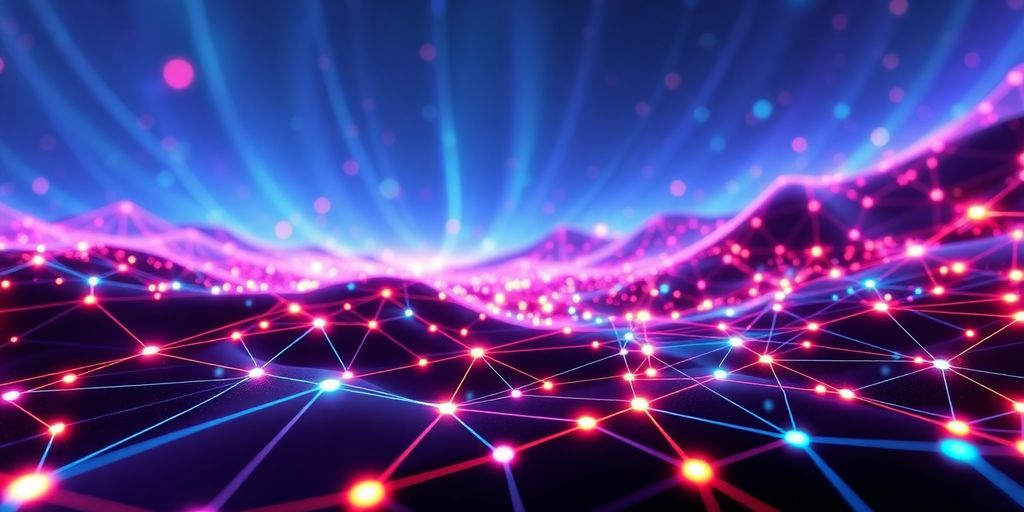 Futuristic digital landscape with interconnected nodes and vibrant colors.