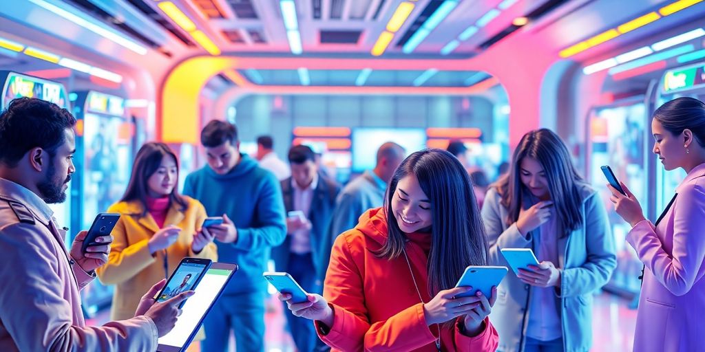 Diverse people interacting with video content on digital devices.