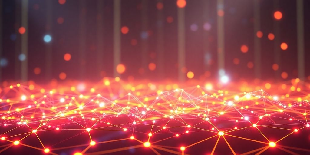 Futuristic digital landscape with interconnected nodes and vibrant colors.