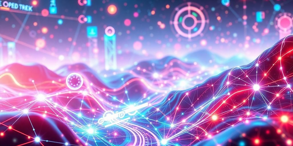 Futuristic digital landscape with vibrant colors and technology.