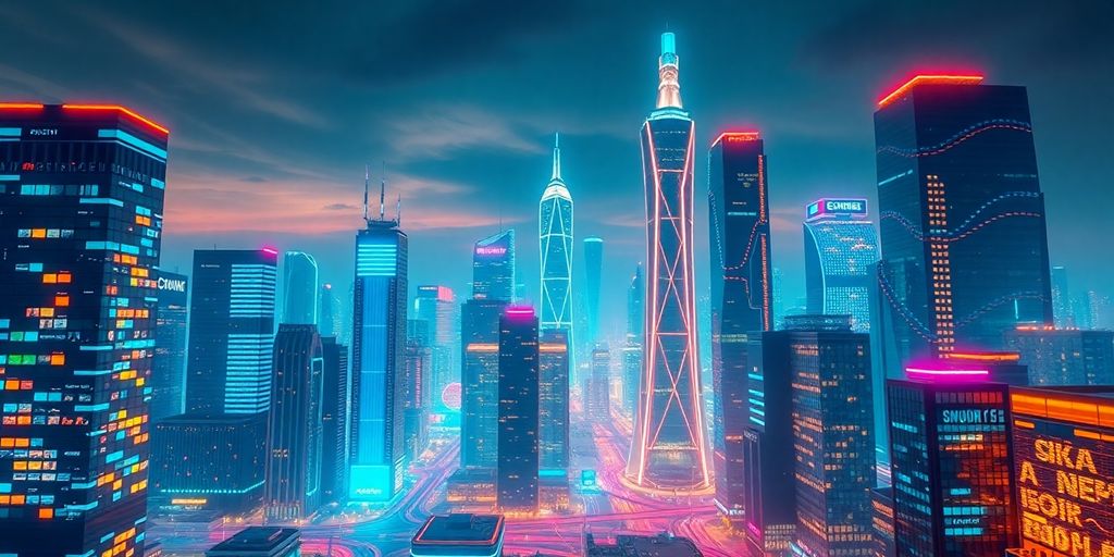 Futuristic cityscape with glowing buildings and digital elements.