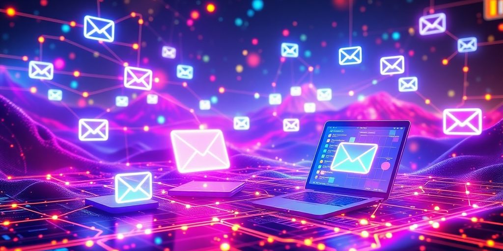 Futuristic digital landscape with email icons and devices.