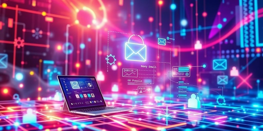 Futuristic digital landscape with interconnected devices and colors.