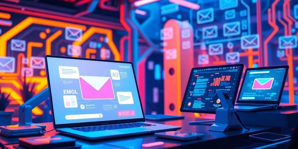 Futuristic digital workspace with automated email tools.