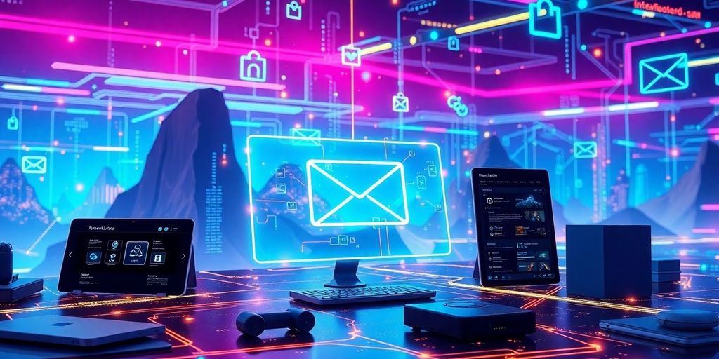 Futuristic digital landscape with interconnected marketing devices.