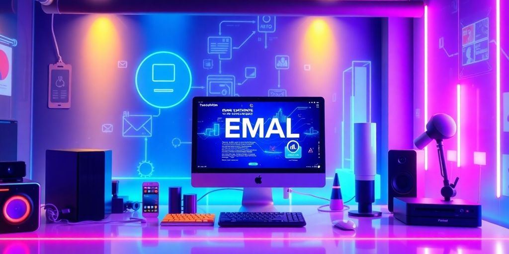 Futuristic workspace with advanced technology and vibrant colors.