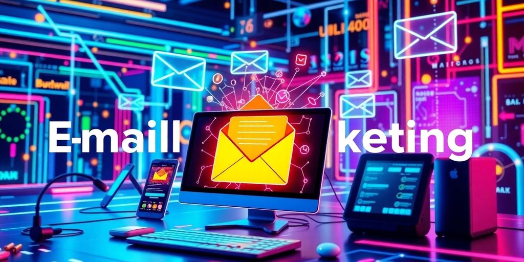 Futuristic email marketing technology in vibrant colors.