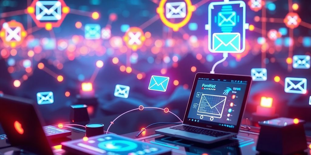 Futuristic digital landscape with interconnected devices and glowing elements.