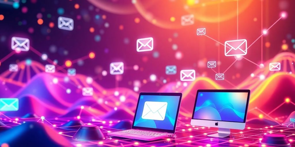 Futuristic digital landscape with interconnected devices and colors.