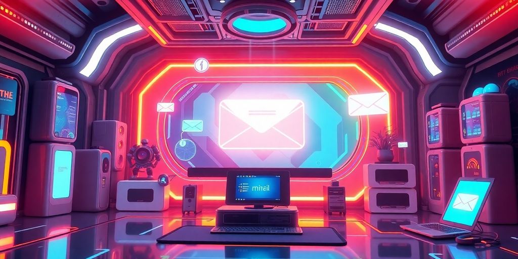 Futuristic e-commerce scene with digital email interactions.