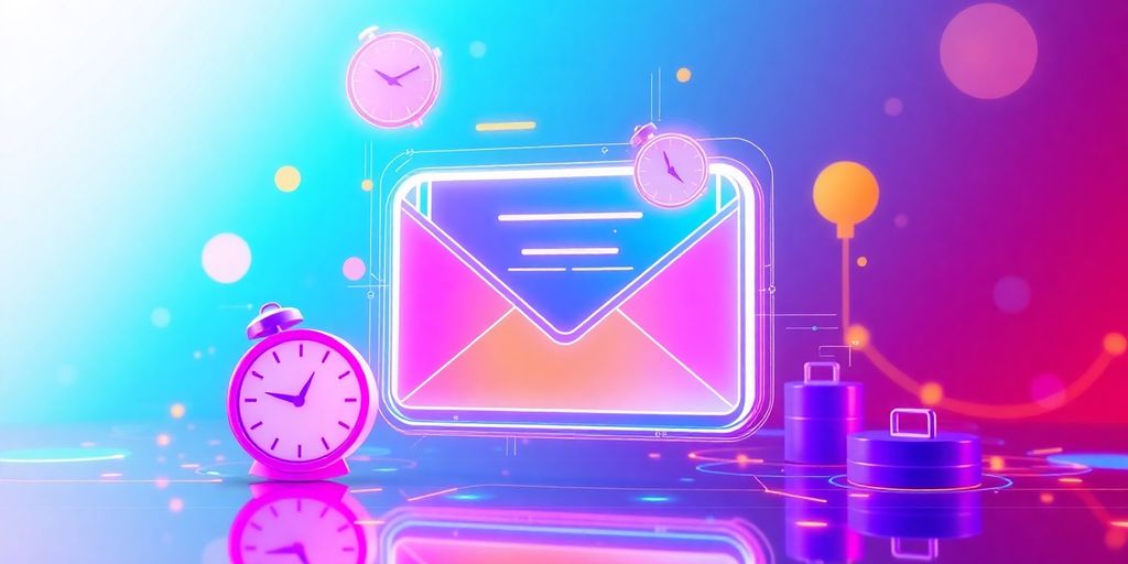 Futuristic email interface with clocks and calendars.