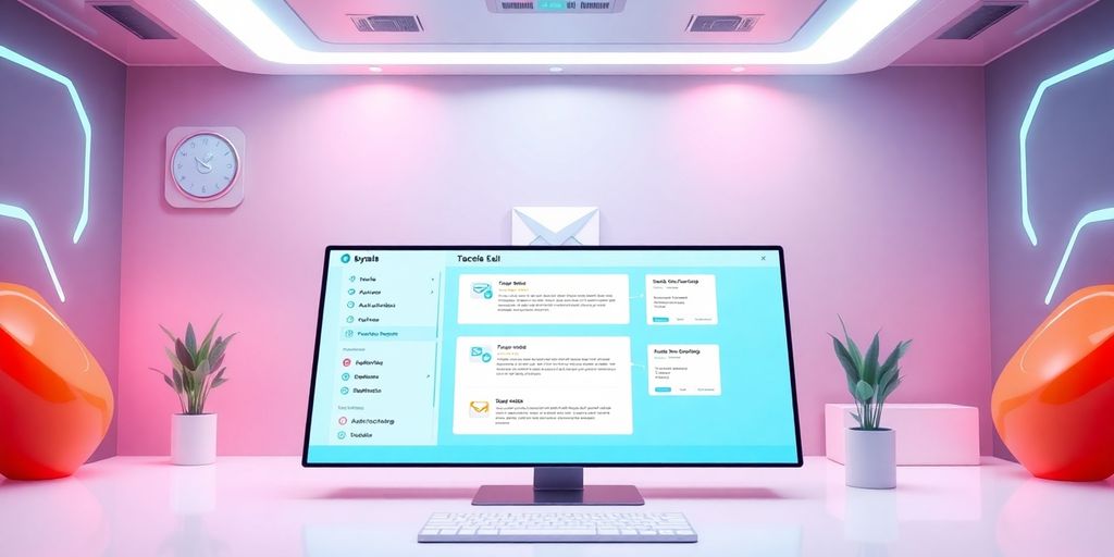 Futuristic digital workspace with automated email tools.