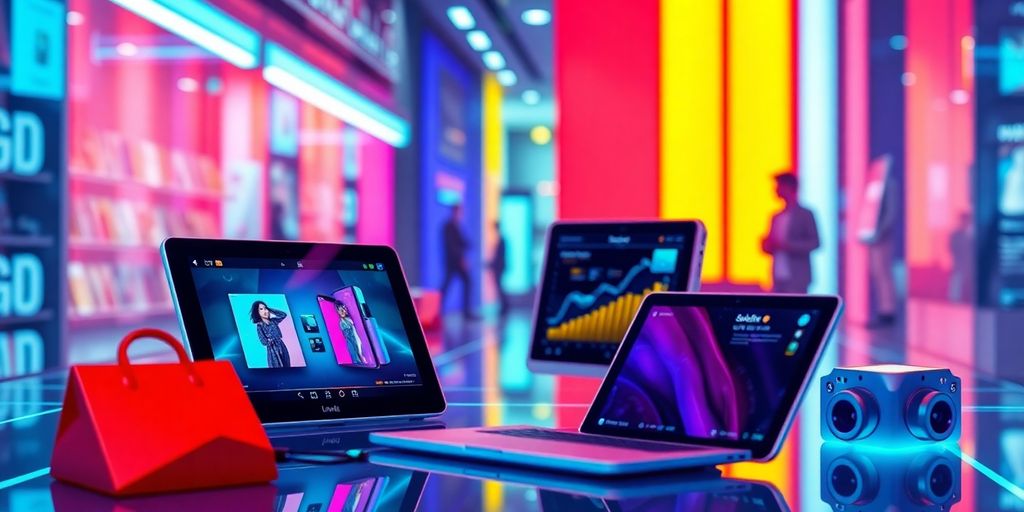 Futuristic e-commerce scene with digital devices and colors.