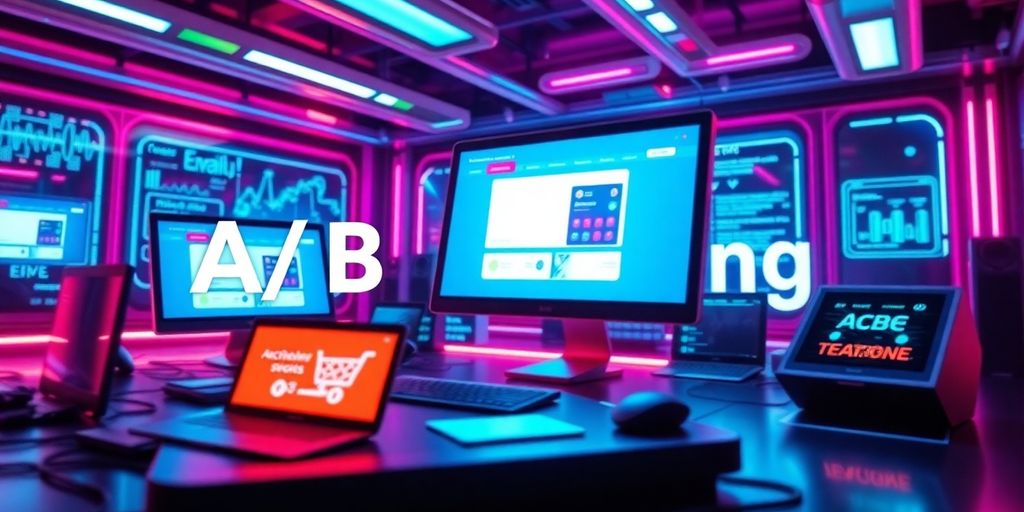 Futuristic ecommerce technology with vibrant digital devices.