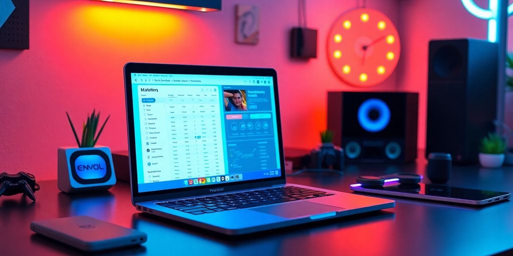 Modern workspace with laptop and futuristic gadgets.