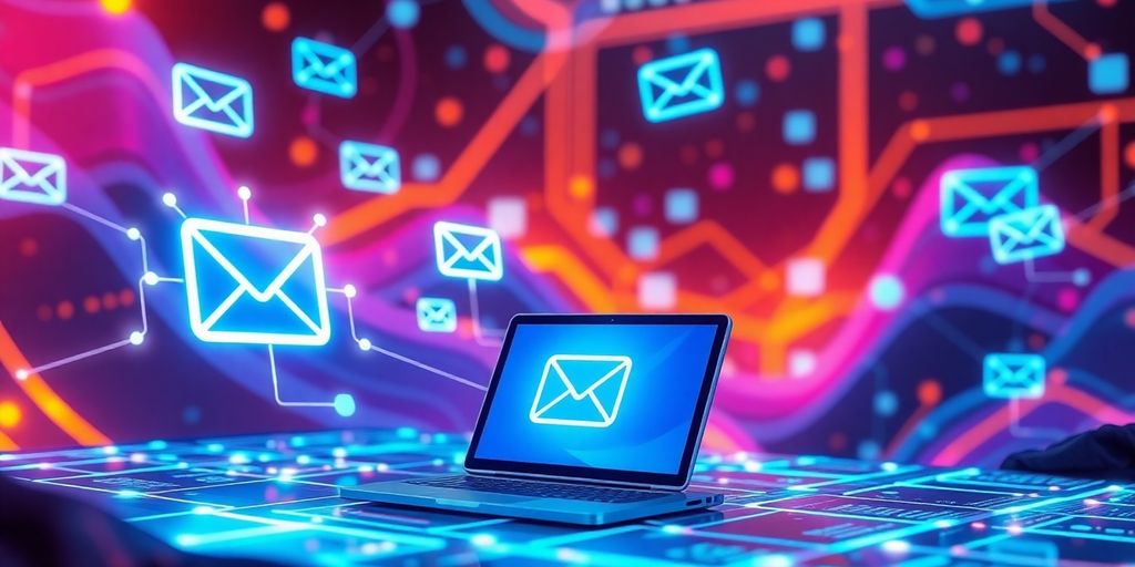 Futuristic digital landscape with email icons and devices.