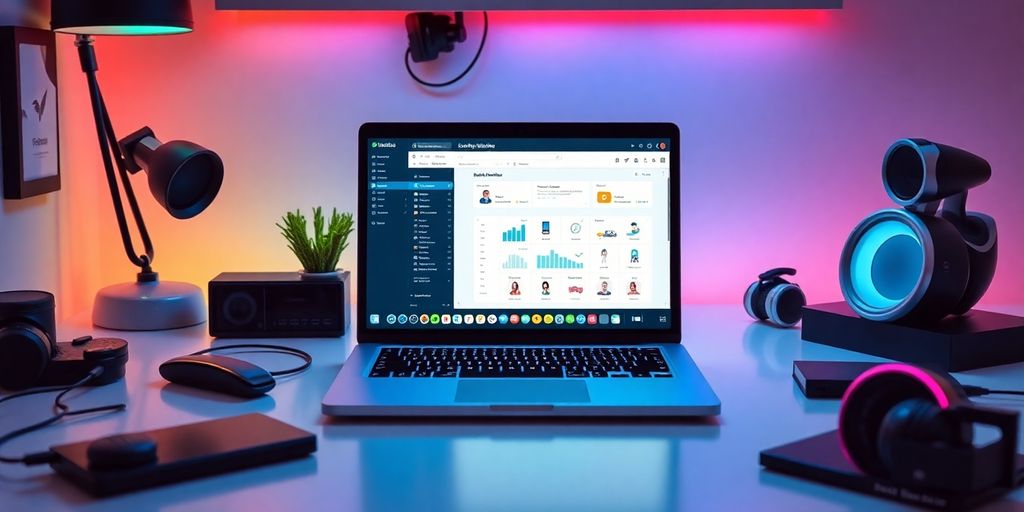 Modern workspace with laptop and futuristic gadgets.