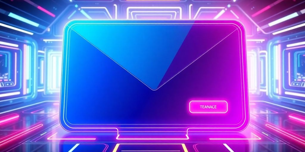 Futuristic email interface with vibrant call-to-action buttons.