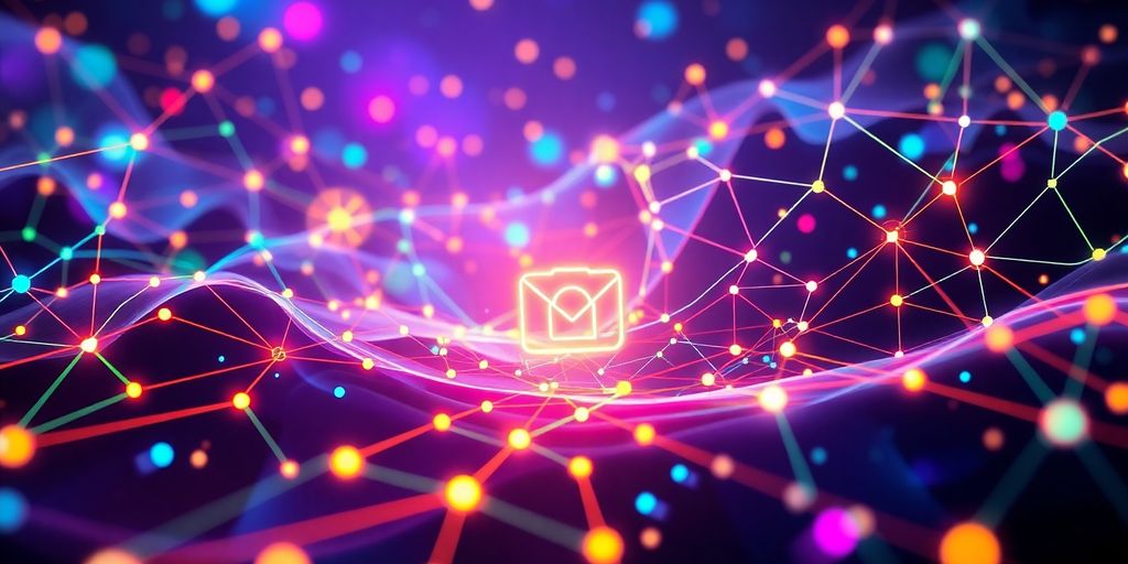 Futuristic digital landscape with interconnected nodes and colors.