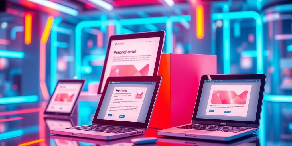 Futuristic e-commerce with personalized email content on devices.