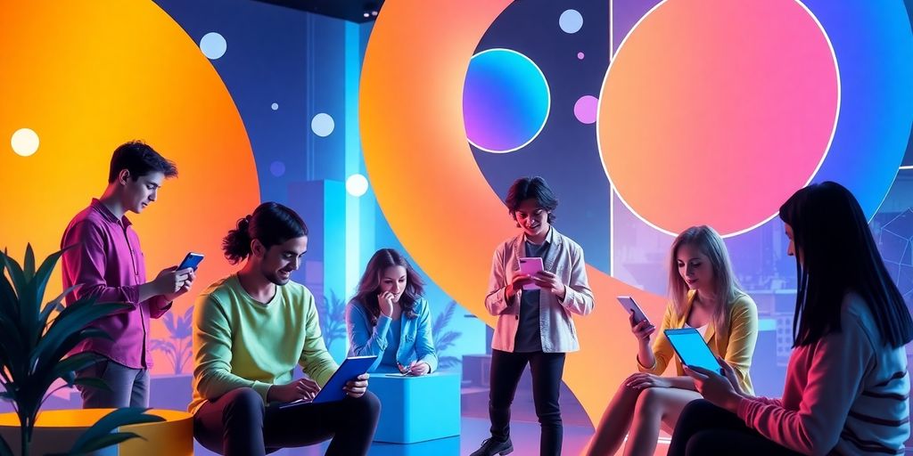 Futuristic e-commerce scene with diverse individuals and devices.