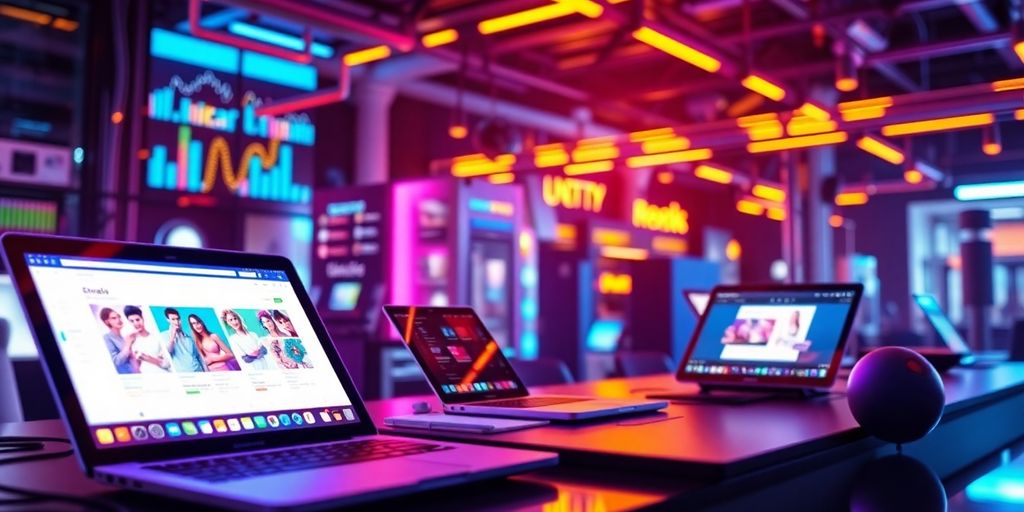 Futuristic ecommerce technology with vibrant colors and devices.