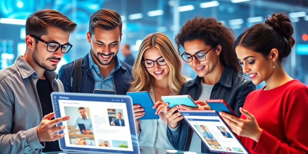 Futuristic e-commerce scene with diverse individuals and devices.