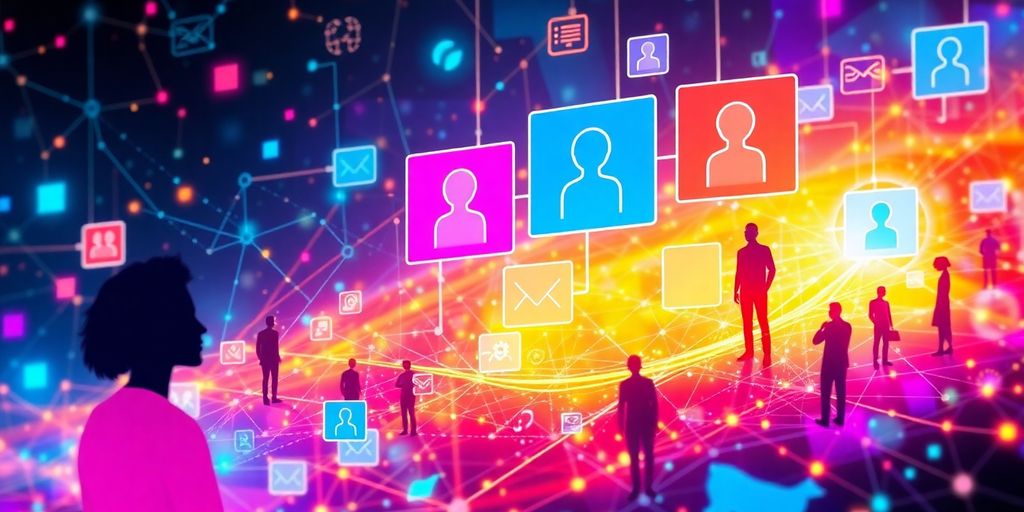 Futuristic digital landscape with diverse customer profiles.