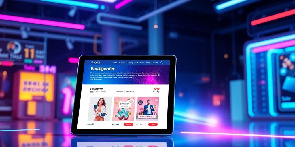 Futuristic email interface with personalized content on device.