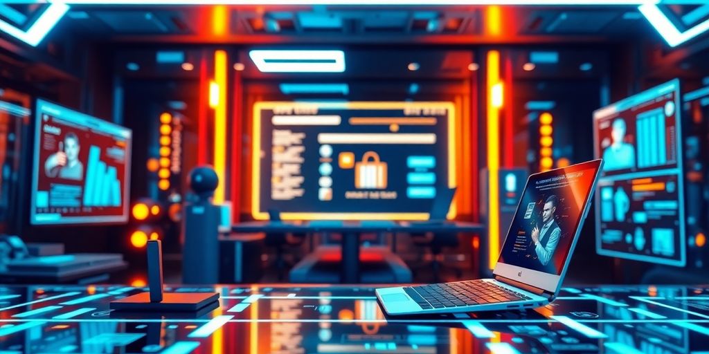 Futuristic ecommerce scene with advanced technology elements.