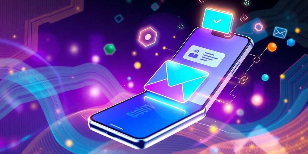 Futuristic mobile device with email interface and digital elements.