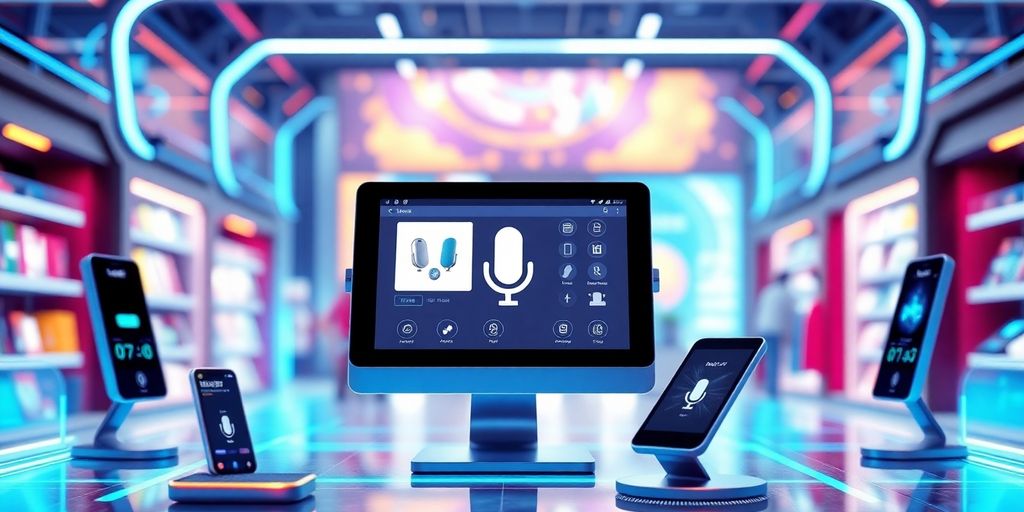 Futuristic e-commerce with voice-activated technology and devices.