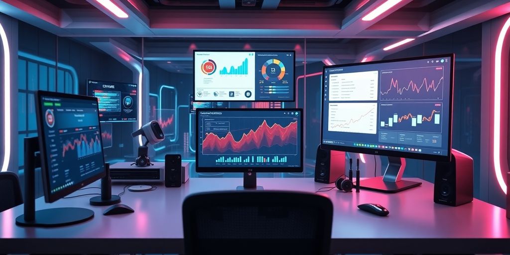 Futuristic digital workspace with SEO tools and technology.