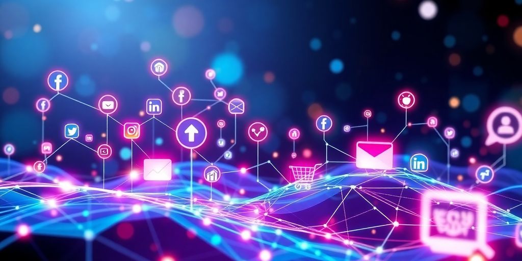 Futuristic social media and e-commerce digital landscape.