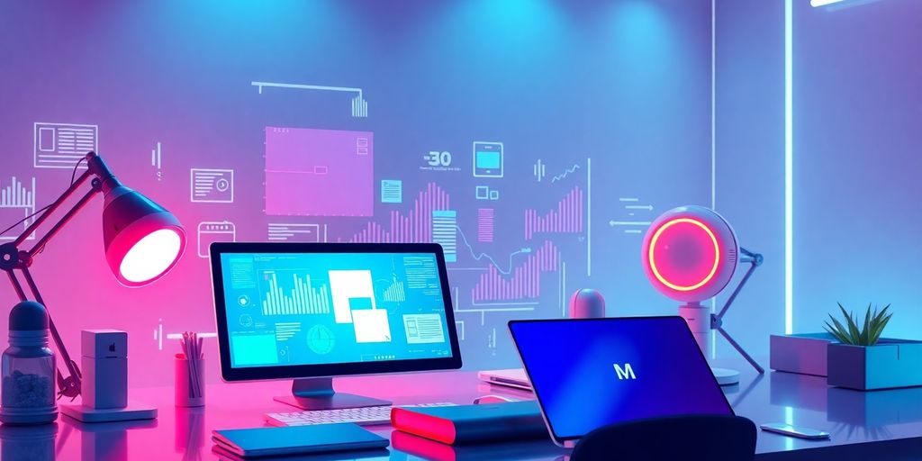 Futuristic digital workspace with advanced SEO tools.