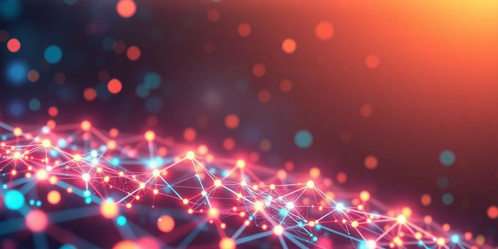 Futuristic digital landscape with interconnected nodes and colors.